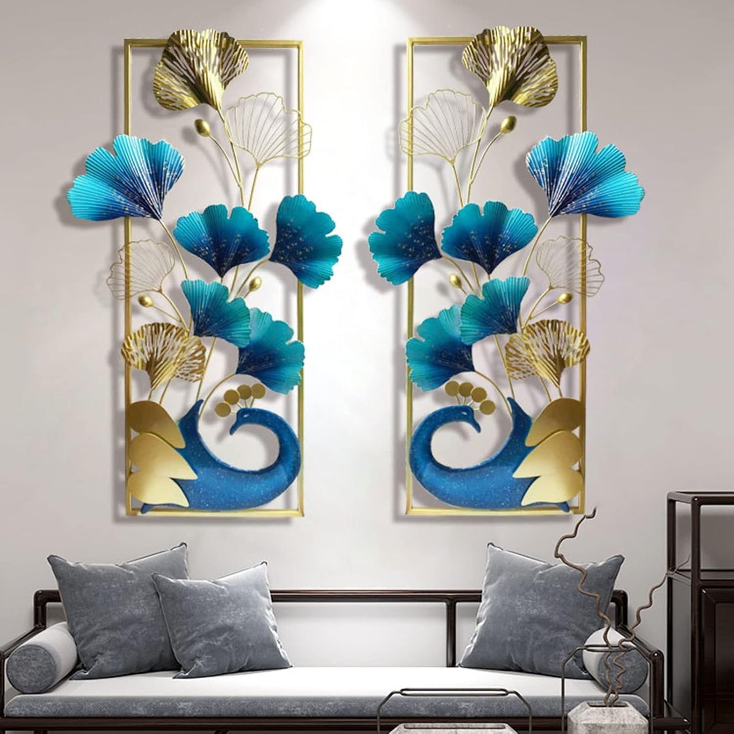 2PCS 3D Peacock Metal Wall-Mounted Art Decoration, Creative Luxury Handmade Metal Wall Art Sculpture,87x46cm