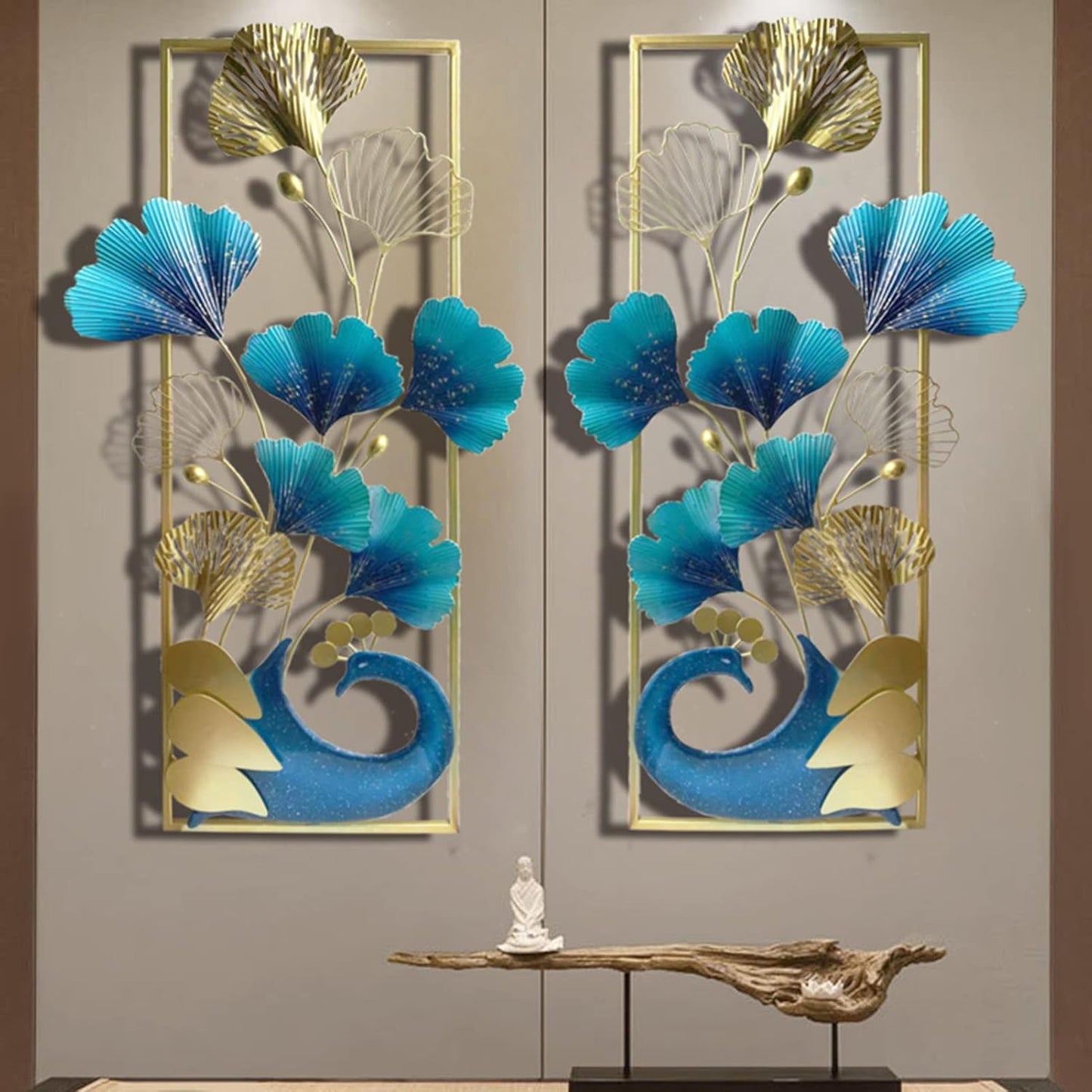 2PCS 3D Peacock Metal Wall-Mounted Art Decoration, Creative Luxury Handmade Metal Wall Art Sculpture,87x46cm