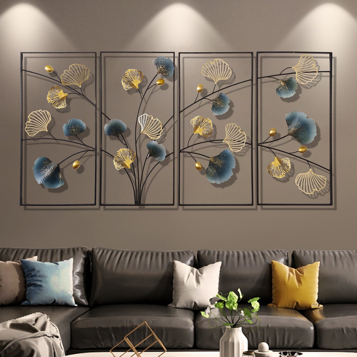 Creative 4 Panels Metal Ginkgo Leaf Wall Art Decor, Luxury 3D Handmade Metal Wall Hanging Sculpture, Natural Home Art Decoration