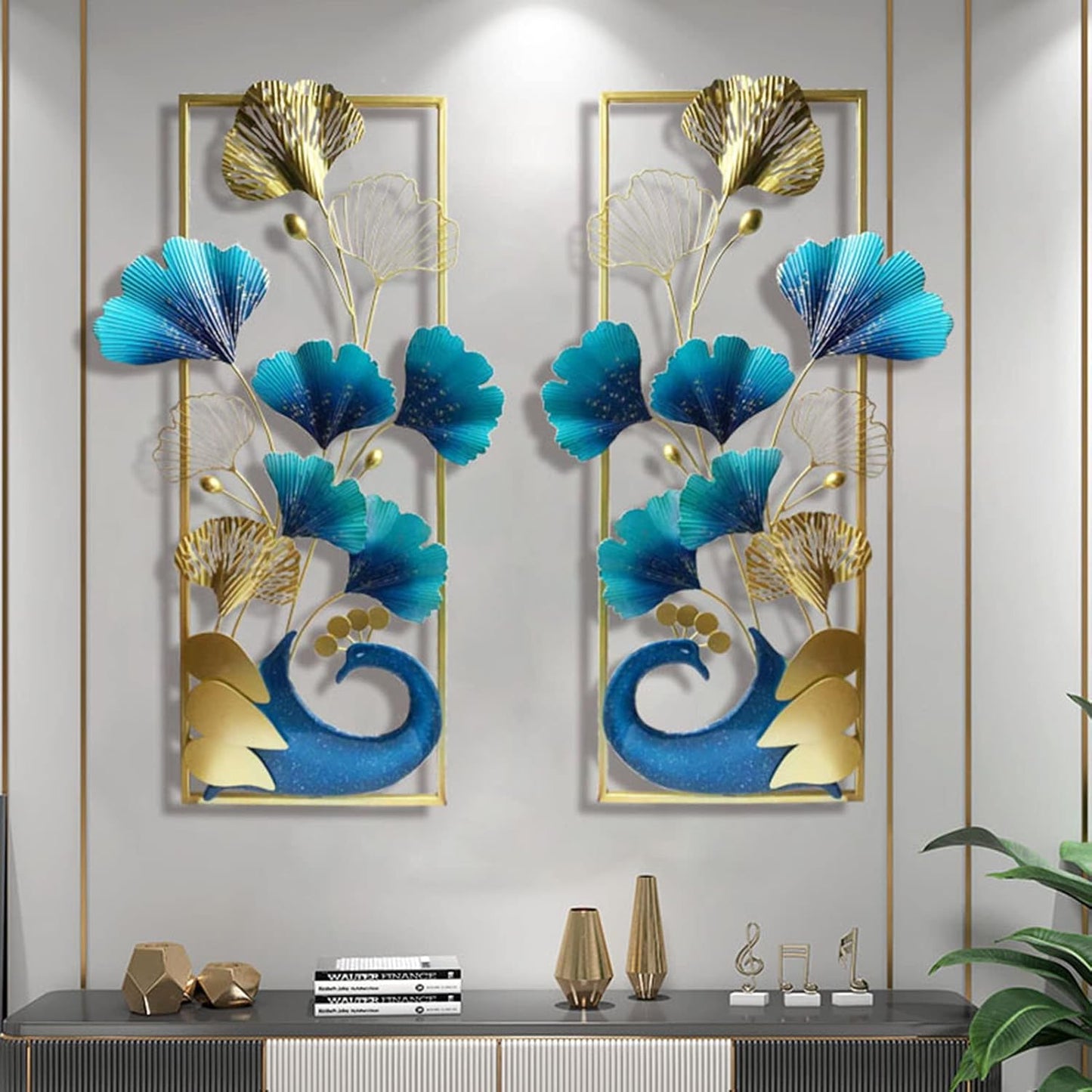 2PCS 3D Peacock Metal Wall-Mounted Art Decoration, Creative Luxury Handmade Metal Wall Art Sculpture,87x46cm