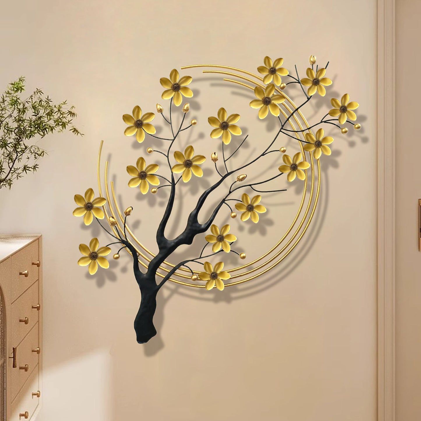 Large Metal Floral Wall Art Decor, Luxury 3D Handmade Metal Gold Flowers Wall Sculpture, Home Wall Decoration